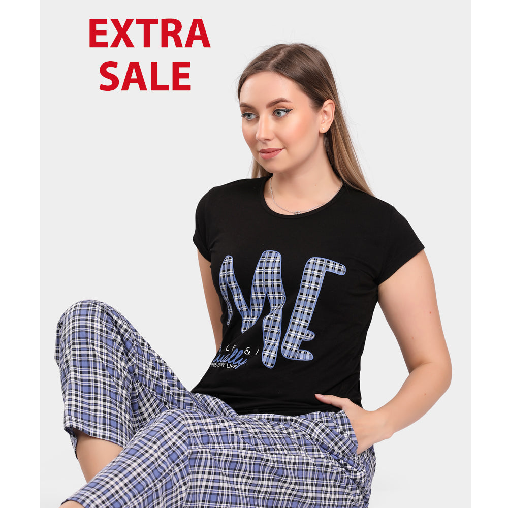 Womens Pajama Set (Half sleeves + Pant) 729 BLACK