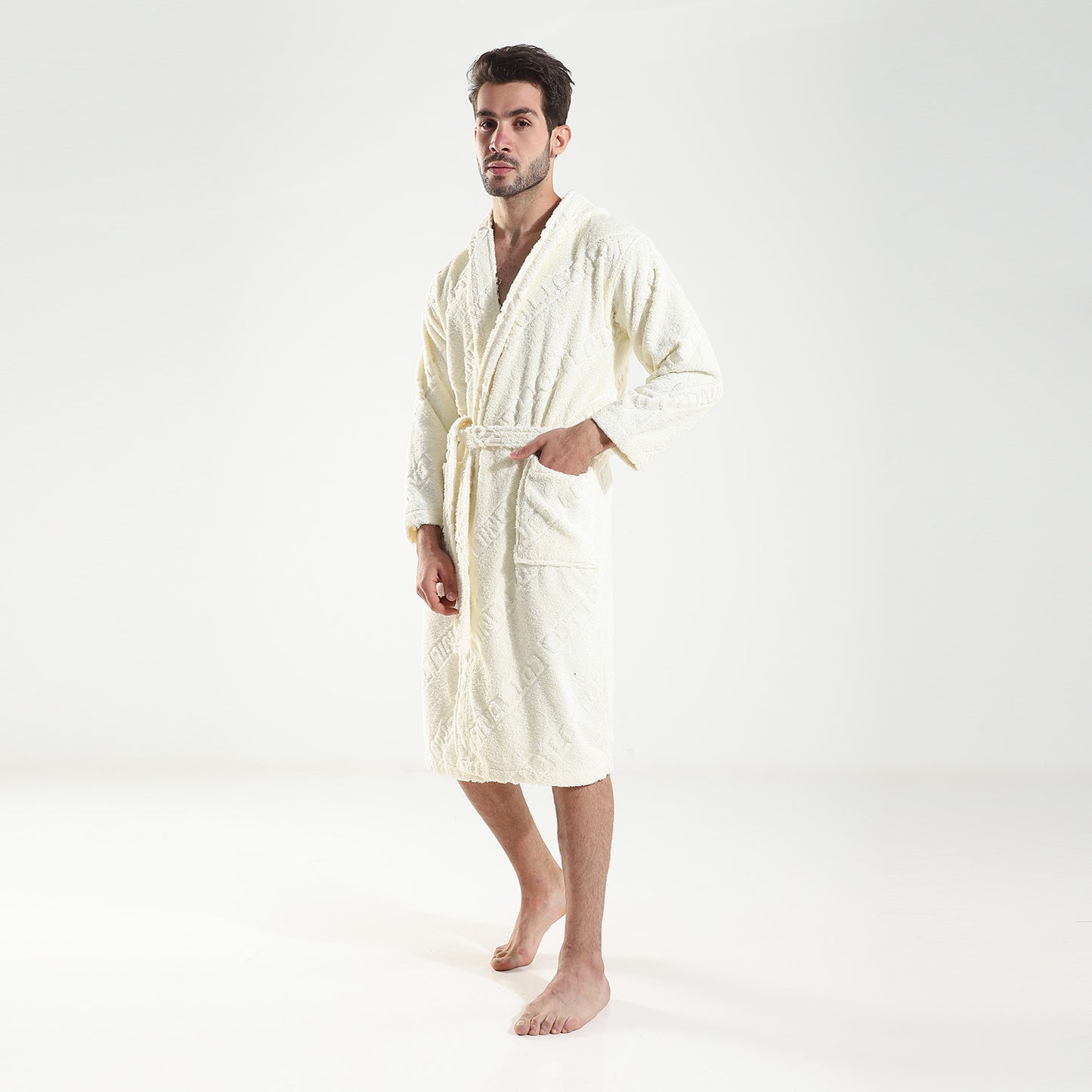 Textured 100%  pure cotton bother room robe - ecru