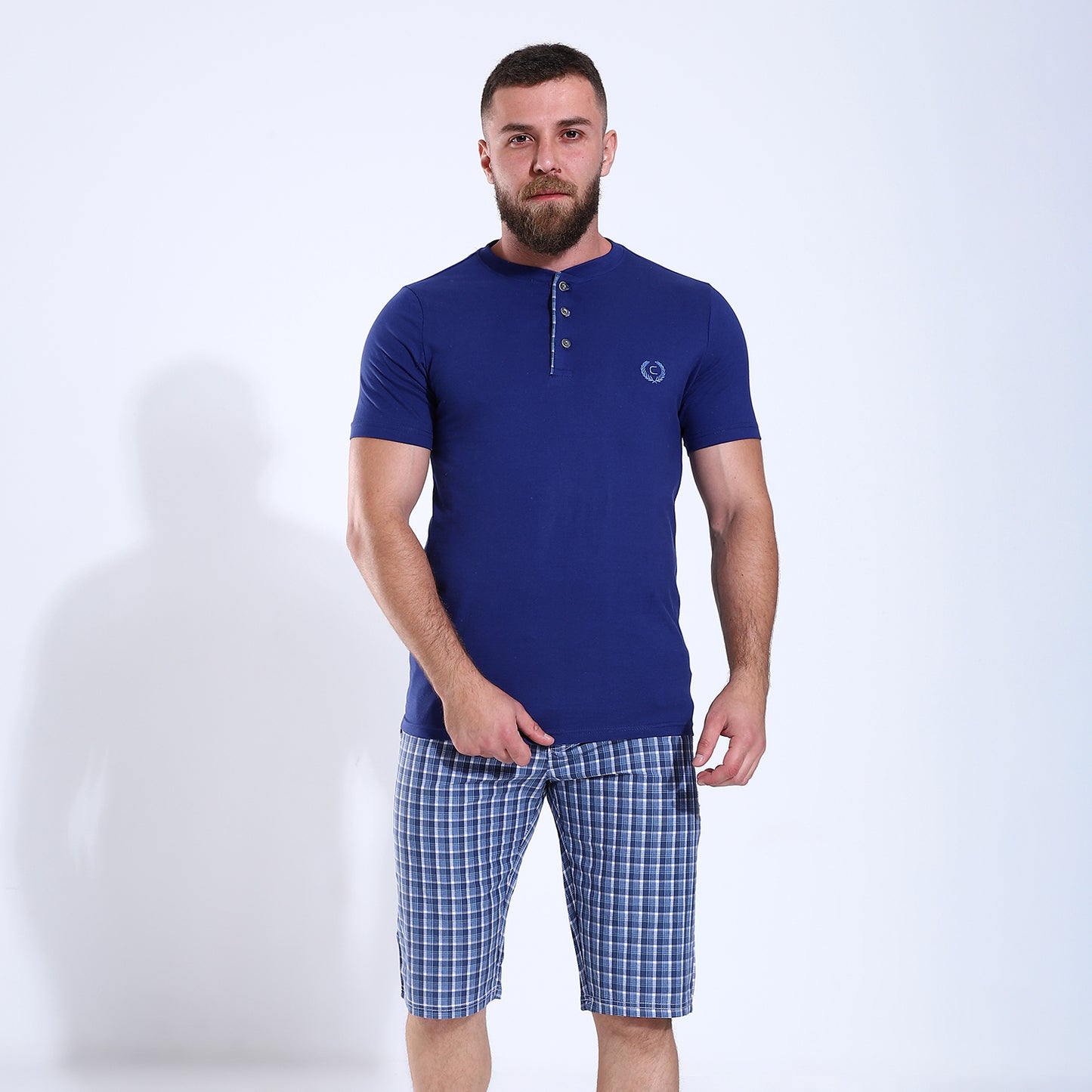 Men's Henley Tee With Checkered Shorts Pajama