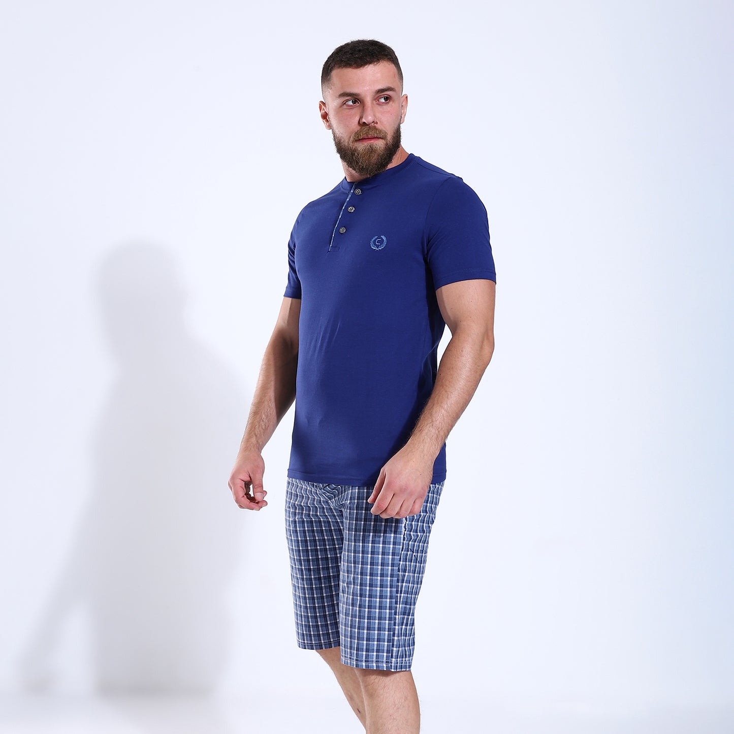 Men's Henley Tee With Checkered Shorts Pajama203