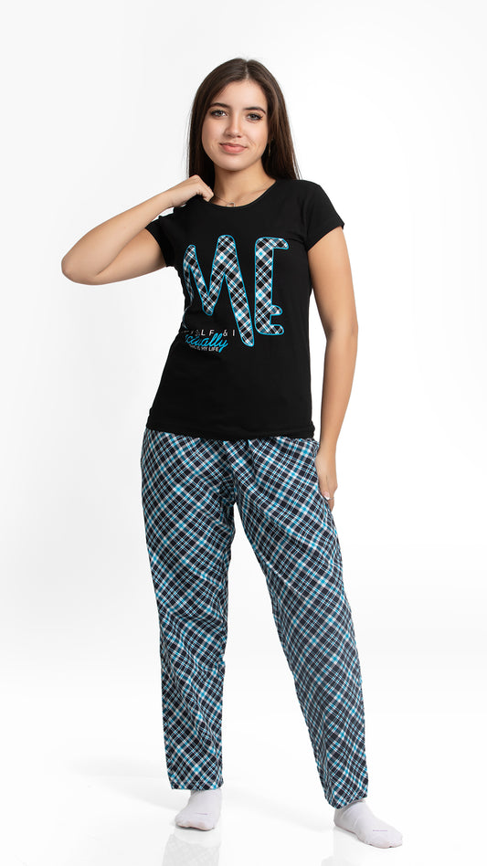 Womens Pajama Set (Half sleeves + Pant) 729 BLACK