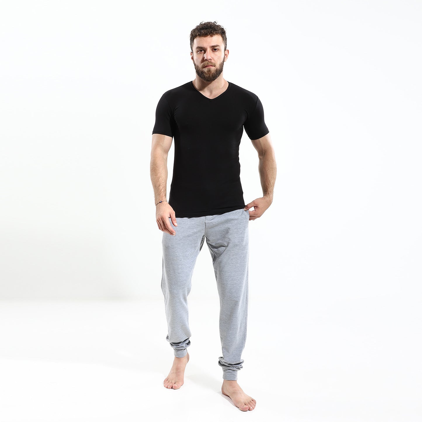 Men's short sleeves (V) Stretch-Black