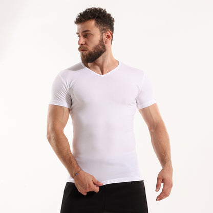Men's short sleeves (V) Stretch-white