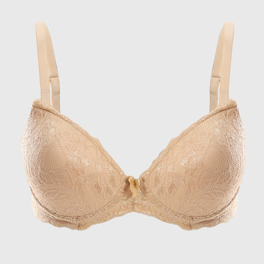 Full Lace Padded Beige Floral Patterned Bra